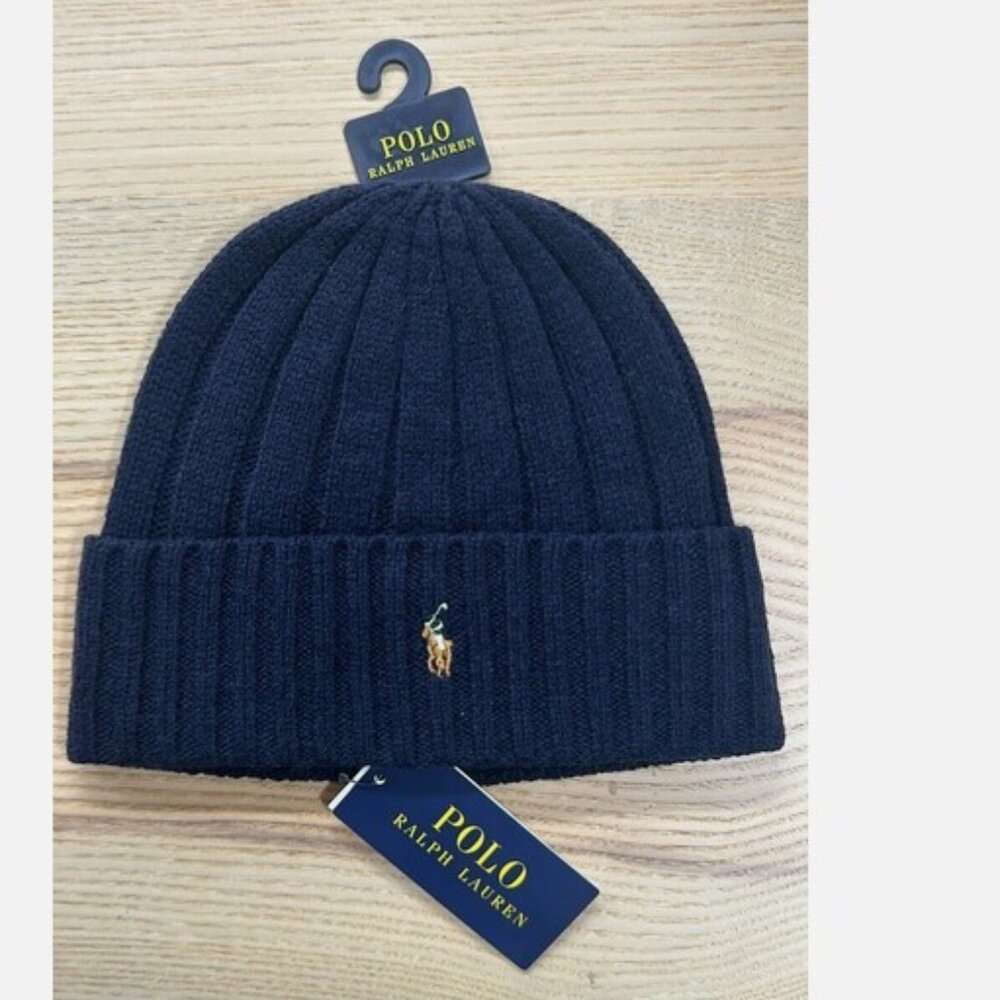 Polo Ralph Lauren Men's Signature Green Pony Wool Blend Rib Knit Cuff Beanie Bl